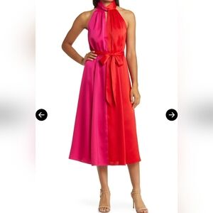 Anne Klein Red and Pink Colorblock Halter Dress